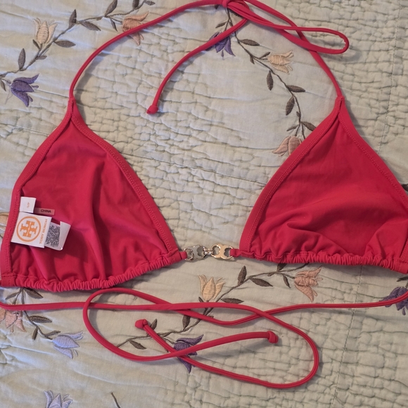Tory Burch Women's Small Logo Halter Bikini Top Swim Suit String RED Stretch - Picture 7 of 10